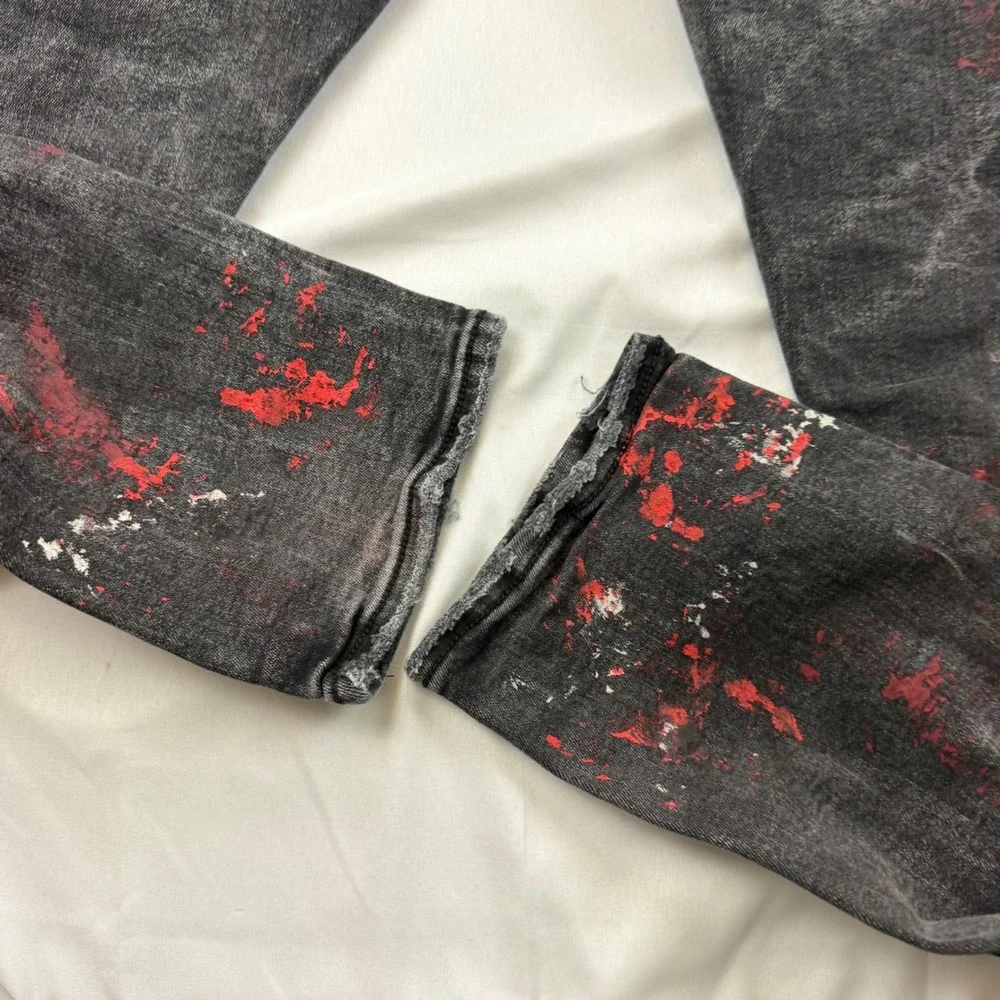 Jordan Craig Ross Fit Jeans Mens 38x33 Black Distressed Red Paint Splatter JR101